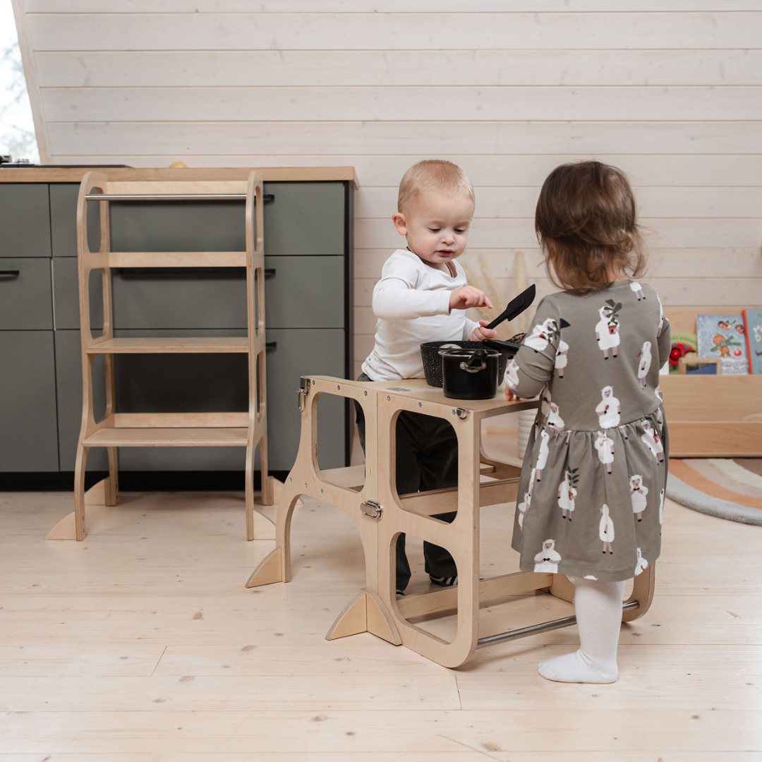 STEP'n'SIT® Convertible 2-in-1 Helper Tower/Table With Support Legs - Natural wood