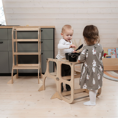 STEP'n'SIT® Convertible 2-in-1 Helper Tower/Table With Support Legs - Natural wood