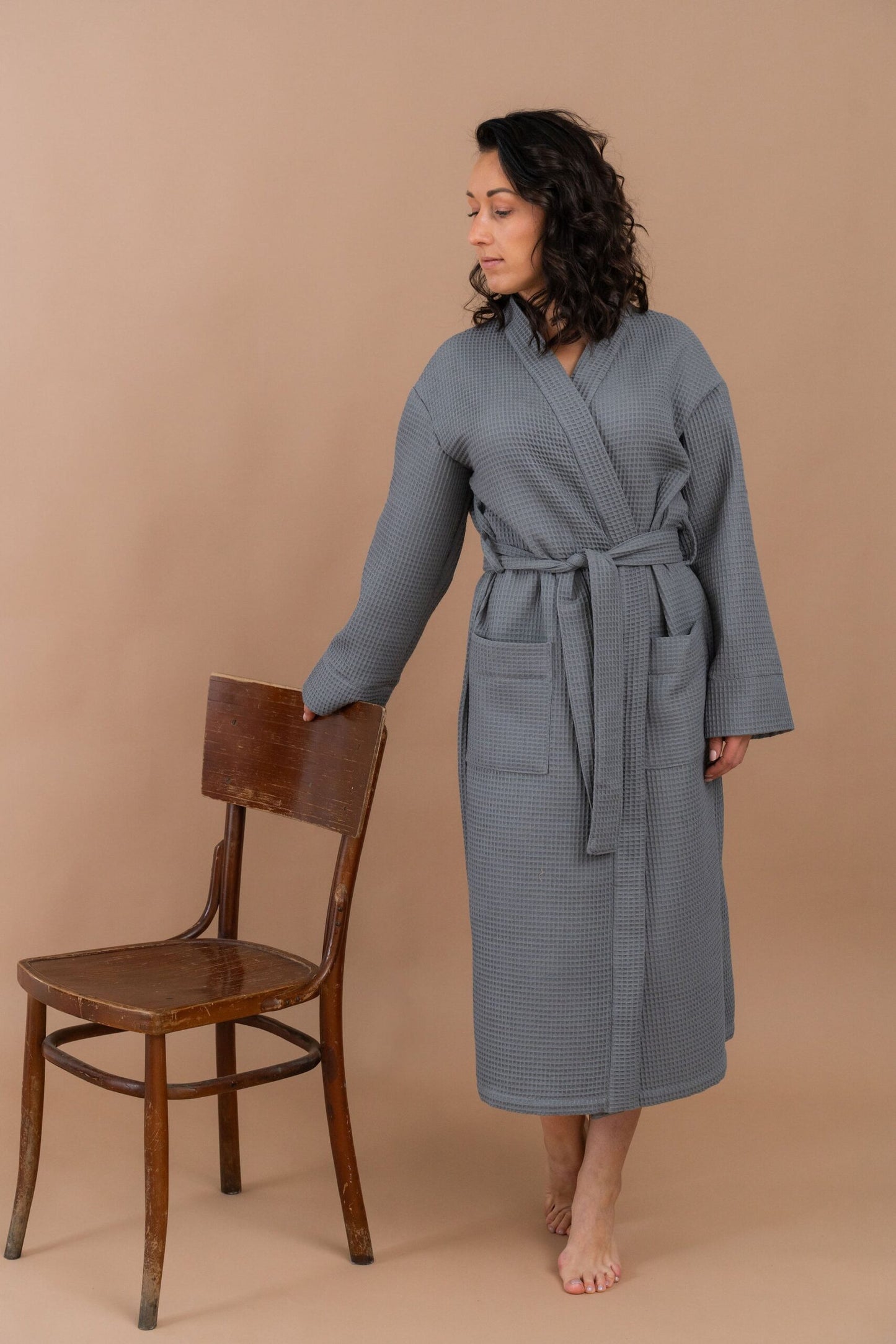 Long Waffle Fabric Robe for Women