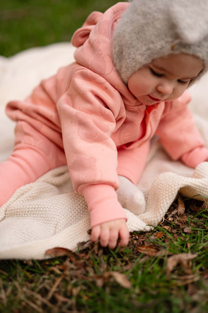 Baby Jumpsuit with Hood - Bear in Glasses on Peach Print