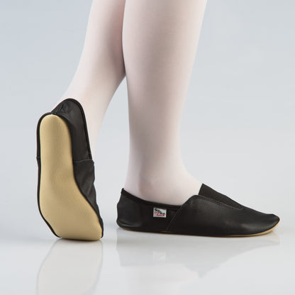 Leather Gymnastics Slippers With Rubber Detail and Sole - Black