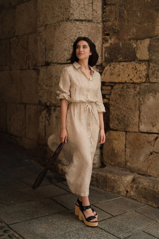 Linen Rhapsody Dress - Bronze White Stripes