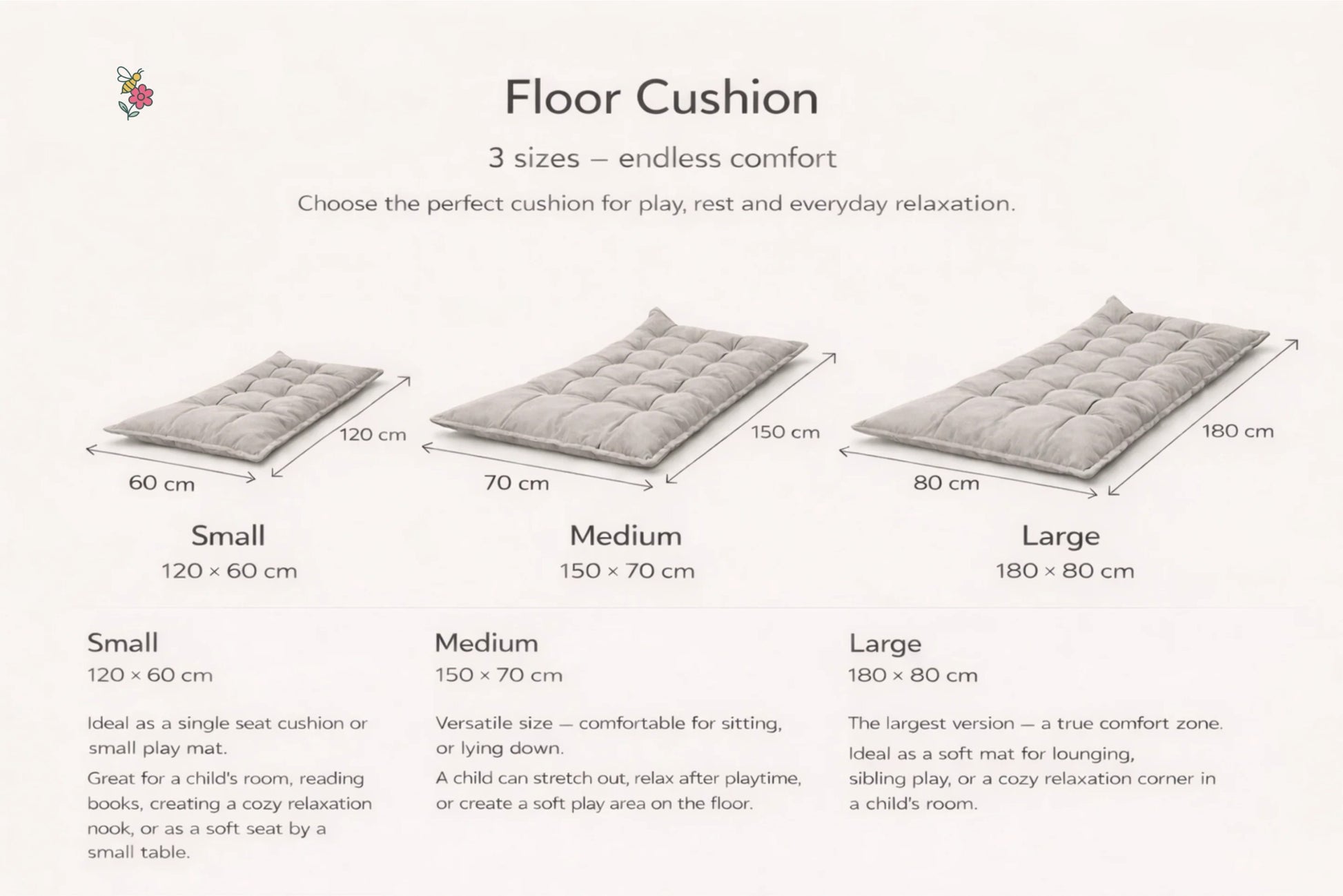 Quilted Kids' Floor Cushion, Brown, 3 Sizes Available