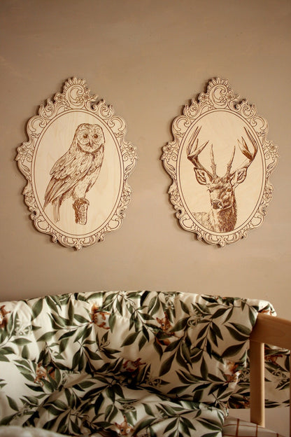 Set of 4 Engraved Forest Animals Pictures with Retro Frame