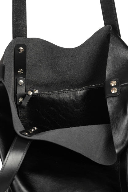 Leather Tote Bag with removable zip pocket - Black