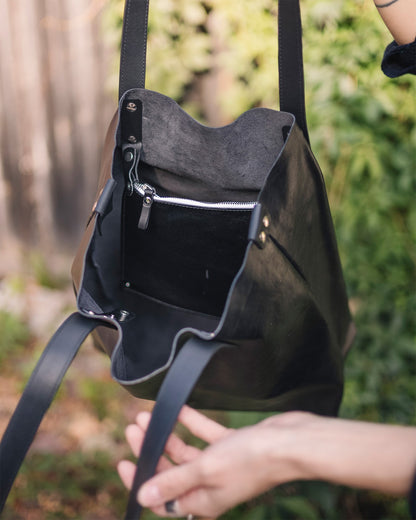 Leather Tote Bag with removable zip pocket - Black